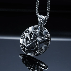 Gothic Grim Reaper pentagram pendant necklace in vintage stainless steel with bead chain