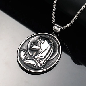 Vintage Virgin Mary oval stainless steel pendant necklace with retro relief carving on box chain