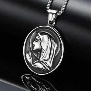 Vintage silver Virgin Mary oval pendant in stainless steel with a square box chain