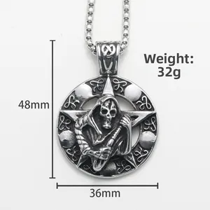 Gothic stainless steel grim reaper pendant with pentagram star on white background