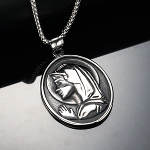 Vintage Stainless Steel Virgin Mary Relief Pendant Necklace Religious Oval Maria Figure Jewelry For Unisex Accessory
