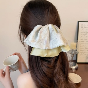 Pinza para el Cabello de Lazo de Tela de Doble Capa Vintage Francés Amarillo Tie Dye Volantes Clip de Coleta Con Perlas Artificiales Mujer