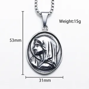 Vintage Virgin Mary oval relief pendant necklace in silver stainless steel finish