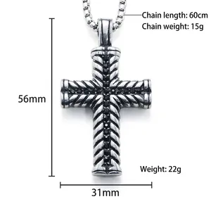 Collana con pendente a croce in acciaio inossidabile lucido, pietre nere e trama