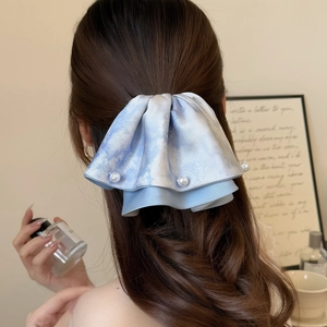 Pince à Cheveux Nœud Satin Peinture à l'Huile Bleu Monet Vintage Élégant Künstliche Perle d'imitation Tie Dye Accessoires Cheveux Femme