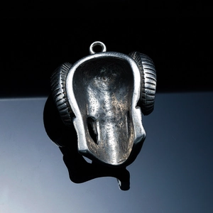 Retro hip-hop style stainless steel ram skull pendant with horns in a vintage matte finish