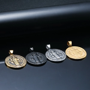 Vintage Stainless Steel St Benedict Medal Pendant Necklace For Men Women Religious Exorcism Round Coin Jewelry Amulet