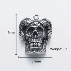 Gothic stainless steel ram horn skull pendant measuring 47mm height and 37mm width