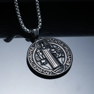 Retro stainless steel St. Benedict medal necklace with vintage silver round pendant