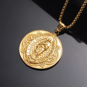 Vintage gold religious medallion necklace with Virgin Mary relief and square box chain