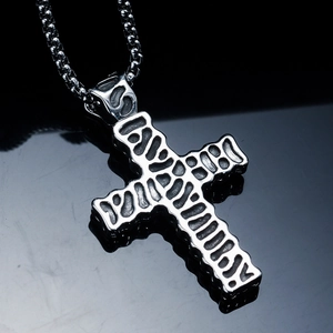 Punk style hollow cross pendant necklace in silver stainless steel with lava texture