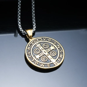 Retro St. Benedict medal pendant in two-tone stainless steel with a square pearl chain