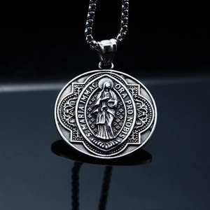 Vintage Virgin Mary stainless steel pendant necklace with intricate religious engraving