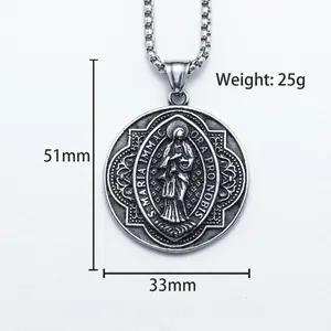 Vintage Virgin Mary pendant necklace in stainless steel with religious relief carving
