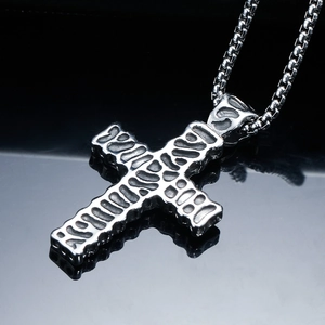 Silver punk cross pendant necklace with textured stainless steel surface and chain