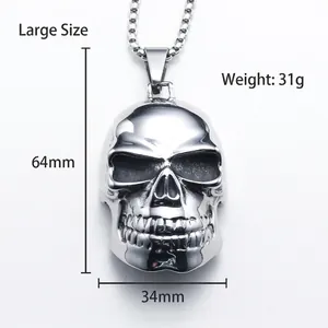 Grand collier pendentif crâne punk pour hommes en acier inoxydable poli avec chaîne