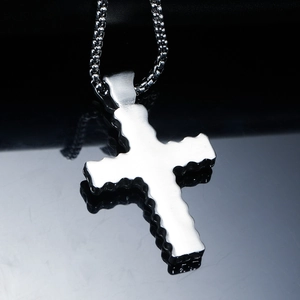 Punk silver cross pendant necklace with hollow patterns and brushed steel texture
