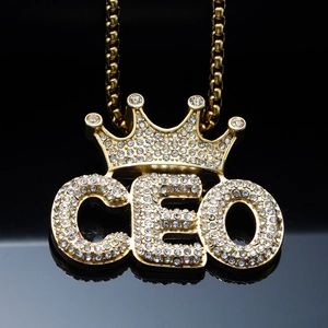 Hip Hop CEO Crown Pendant Necklace For Men Women Stainless Steel Gold Plated Rhinestone Bling Streetwear Jewelry Gift