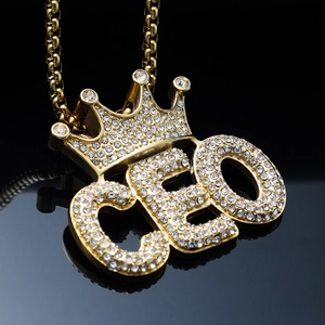 Hip hop gold CEO crown pendant necklace with sparkling crystal rhinestones and box chain