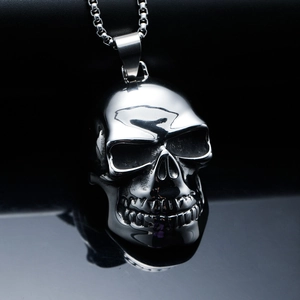 Pendentif tête de mort en acier inoxydable poli style punk et hip hop pour hommes