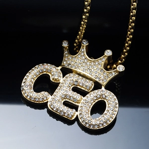 Gold-plated CEO crown pendant necklace with sparkling rhinestones on box chain