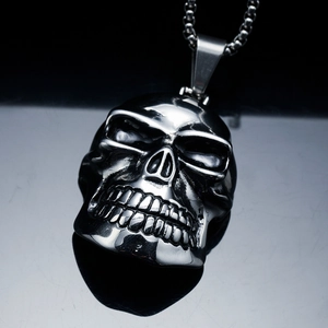 Pendentif tête de mort punk en acier inoxydable pour homme avec chaîne à boules