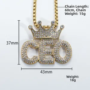 Gold CEO crown pendant necklace with dimensions 43mm by 37mm and 60cm box chain