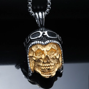 Pendaglio teschio pilota in acciaio inossidabile punk con finitura oro e argento vintage