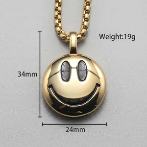 Gold stainless steel smiley face pendant necklace with polished finish, 34mm x 24mm