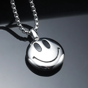 Polished silver stainless steel smiley face round pendant necklace with a box chain