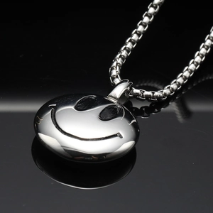 Minimalist silver smiley face pendant in polished stainless steel with box chain necklace