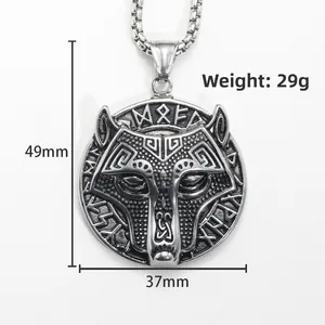 Colgante tótem lobo vikingo de acero inoxidable con runas nórdicas y cadena de caja