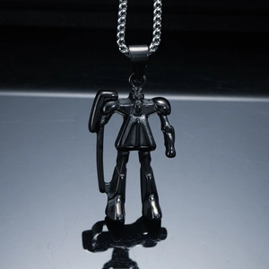 Robot mecha pendant in black titanium steel with a silver metal chain for men