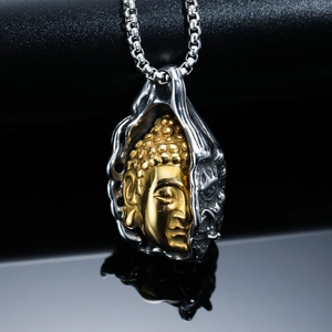 Collier Pendentif Double Face Bouddha Démon en Acier Inoxydable Vintage Bicolore Or Argent Bijoux Hip Hop Religieux Pour Hommes
