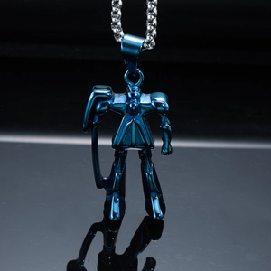 Robot shaped pendant necklace in dark blue metal with a mechanical scythe and silver ball chain