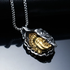 Pendentif Bouddha en acier inoxydable avec visage doré et boîtier argenté vintage