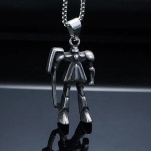 Retro mechanical robot pendant in vintage stainless steel finish with a bead chain
