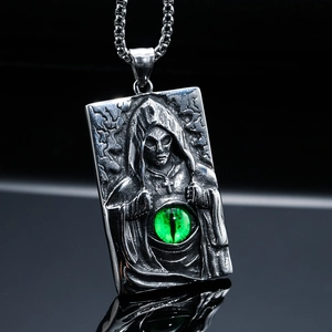 Collier Pendentif Faucheuse Gothique Acier Inoxydable Argent Antique Punk Relief Pierre Verte Bijoux Pour Hommes Femmes