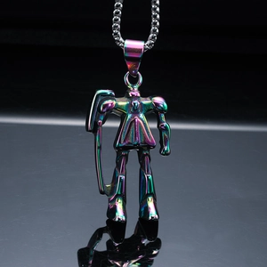 Iridescent robot pendant with colorful plating on a metallic bead chain necklace