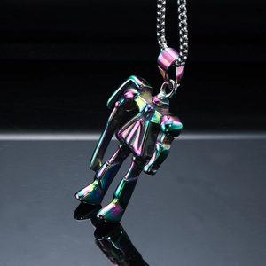 Detail of colorful metallic anime girl pendant featuring long hair and scythe with silver chain