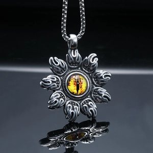 Retro Stainless Steel Magic Eye Flame Pattern Pendant Necklace Gothic Punk Titanium Steel Jewelry For Men Women Daily