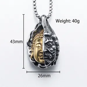 Pendentif Bouddha et Démon bicolore en acier inoxydable avec chaîne pour hommes
