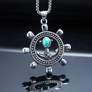 Men's Titanium Steel Ship Rudder Anchor Pendant Necklace Vintage Turquoise Nautical Punk Hip Hop Jewelry Gift For Men