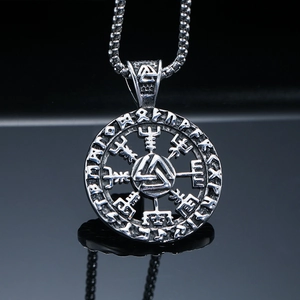 Nordic Viking rune compass pendant in vintage stainless steel with square chain