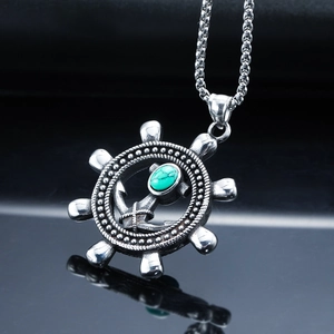Vintage stainless steel ship wheel and anchor pendant necklace with turquoise stone