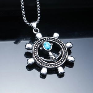 Nautical ship wheel pendant necklace with turquoise stone in vintage stainless steel