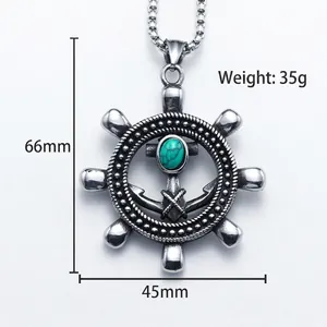 Punk style stainless steel ship's wheel necklace with turquoise stone, 45mm x 66mm size