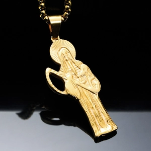 Golden Santa Muerte grim reaper pendant with scythe and sunburst on a box chain necklace