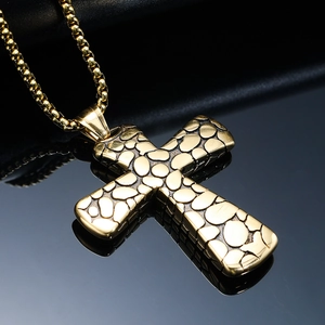 Hip hop gold stainless steel cross pendant necklace with cobblestone texture and bead chain