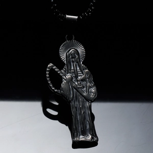 Gothic punk Santa Muerte skull necklace with scythe pendant in black stainless steel